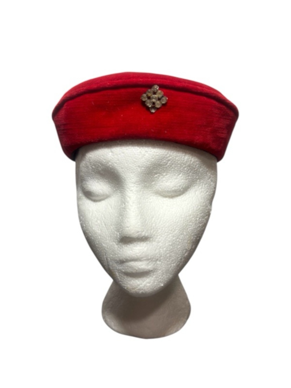 Vintage 50s/60s Red Velvet Pillbox Hat with Rhinestone Accent